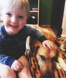 Boy petting his dog