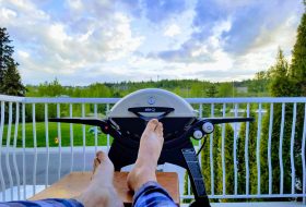 Grilling dinner on a patio