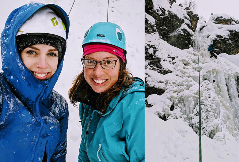 women frozen waterfall