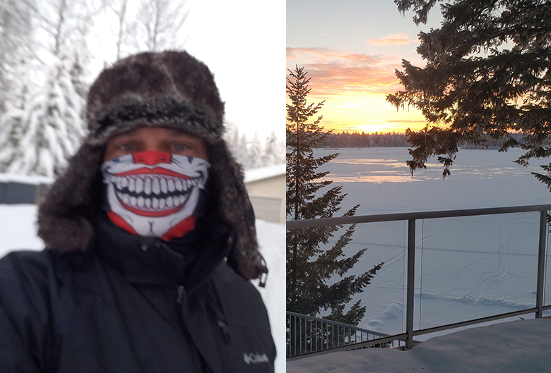 man and deck by snow covered lake