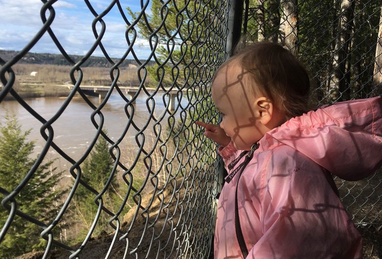 Girl looking through fence at LC Gunn.