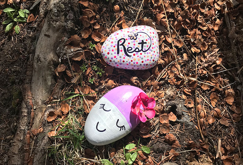 Painted rocks on the ground.