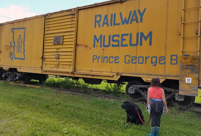 Girl and her dog standing by a train.