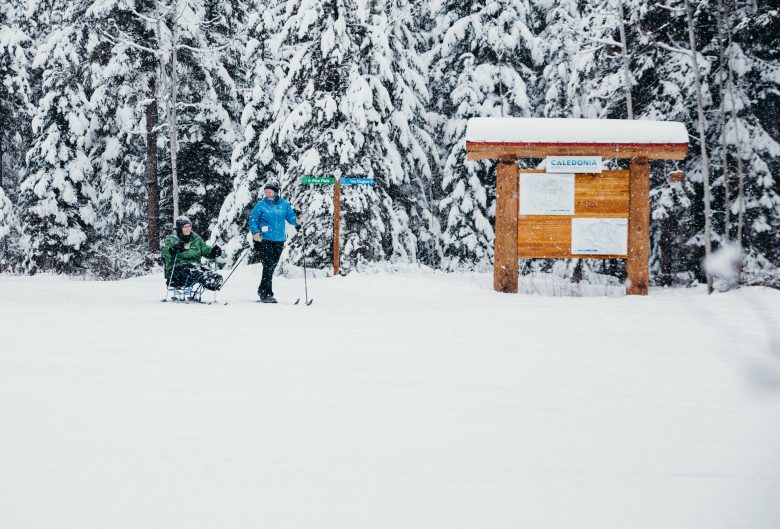 Women cross country and sit skiing. 