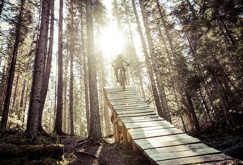 Mountain biker on boardwalk.