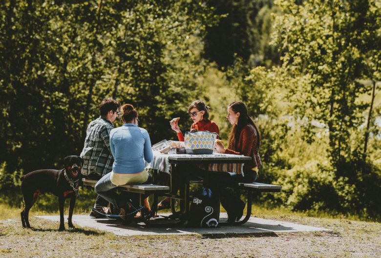 People at a picnic table.